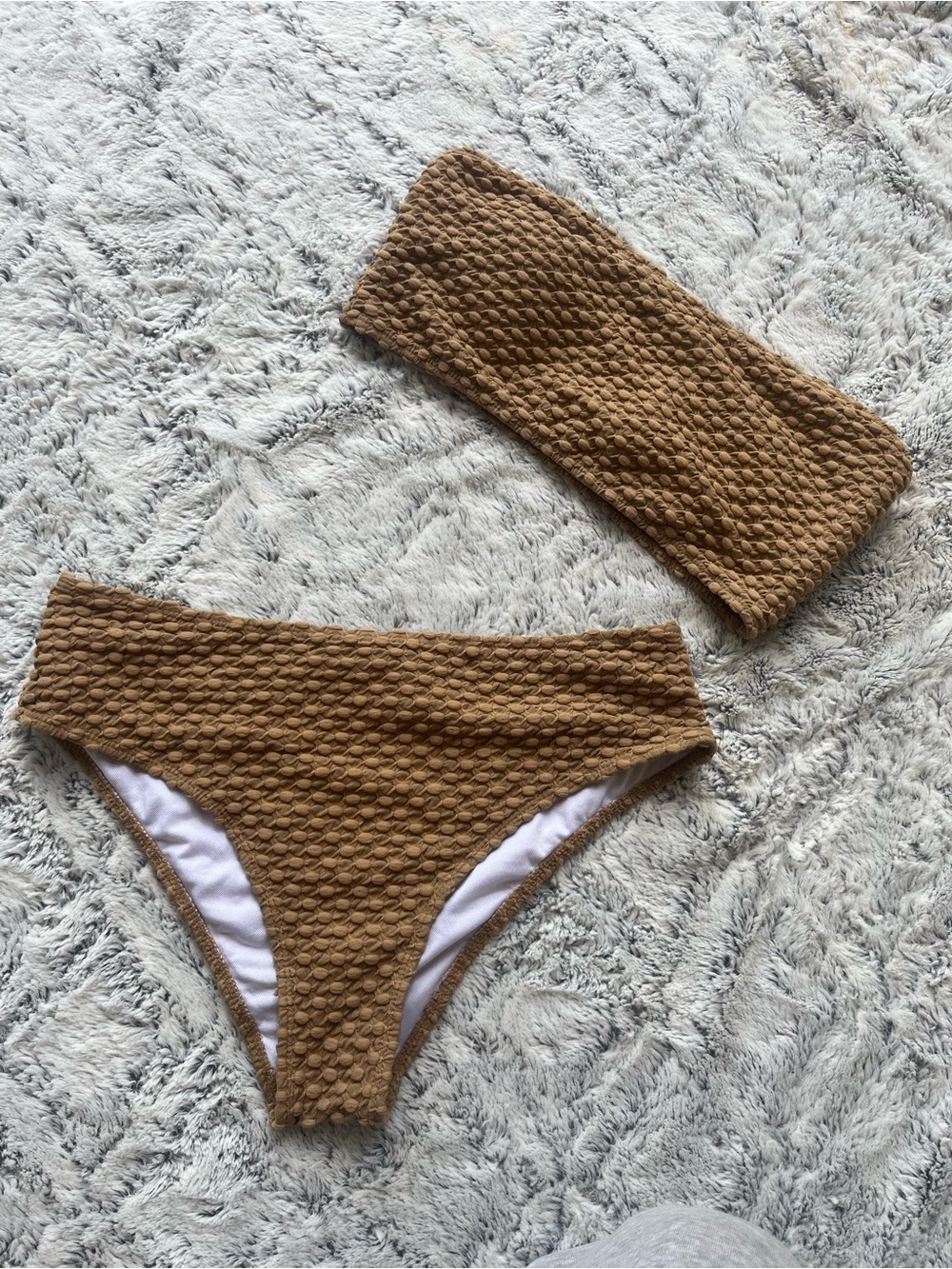 Textured Bandeau Bikini Set in Caramel Brown